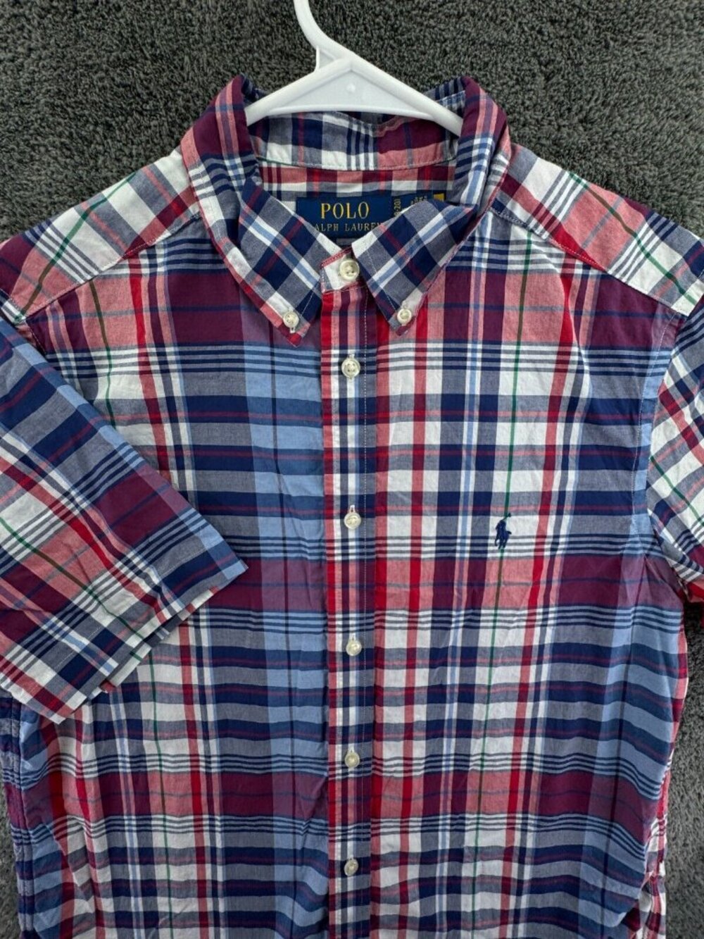 Polo Ralph Lauren Shirt Boys Plaid Short Sleeve XL 18-20 Natural Stretch Cotton
